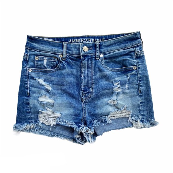 American Eagle Outfitters Pants - American Eagle Blue Super Stretch Distressed Super Hi-Rise Shortie Shorts 4